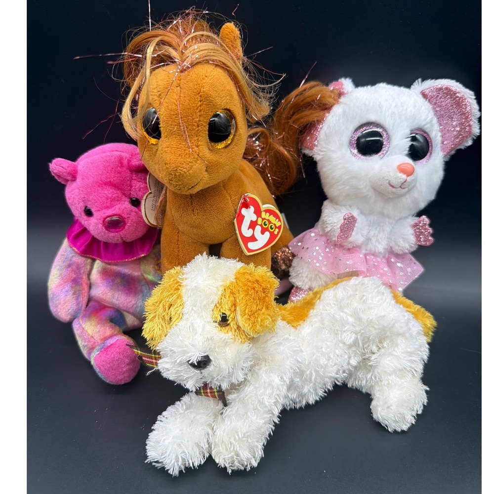 Ty Plush Lot Beanie Babies Boos January Bear Cinnamon Horse Trixy Mouse Dog 4pc